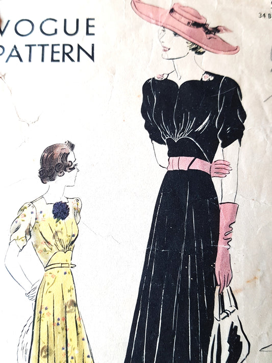 Late 1930s BEAUTIFUL Dress Pattern VOGUE 7954 Lovely Shaped Neckline, Circular Bias Cut Skirt Bust 34 Vintage Sewing Pattern