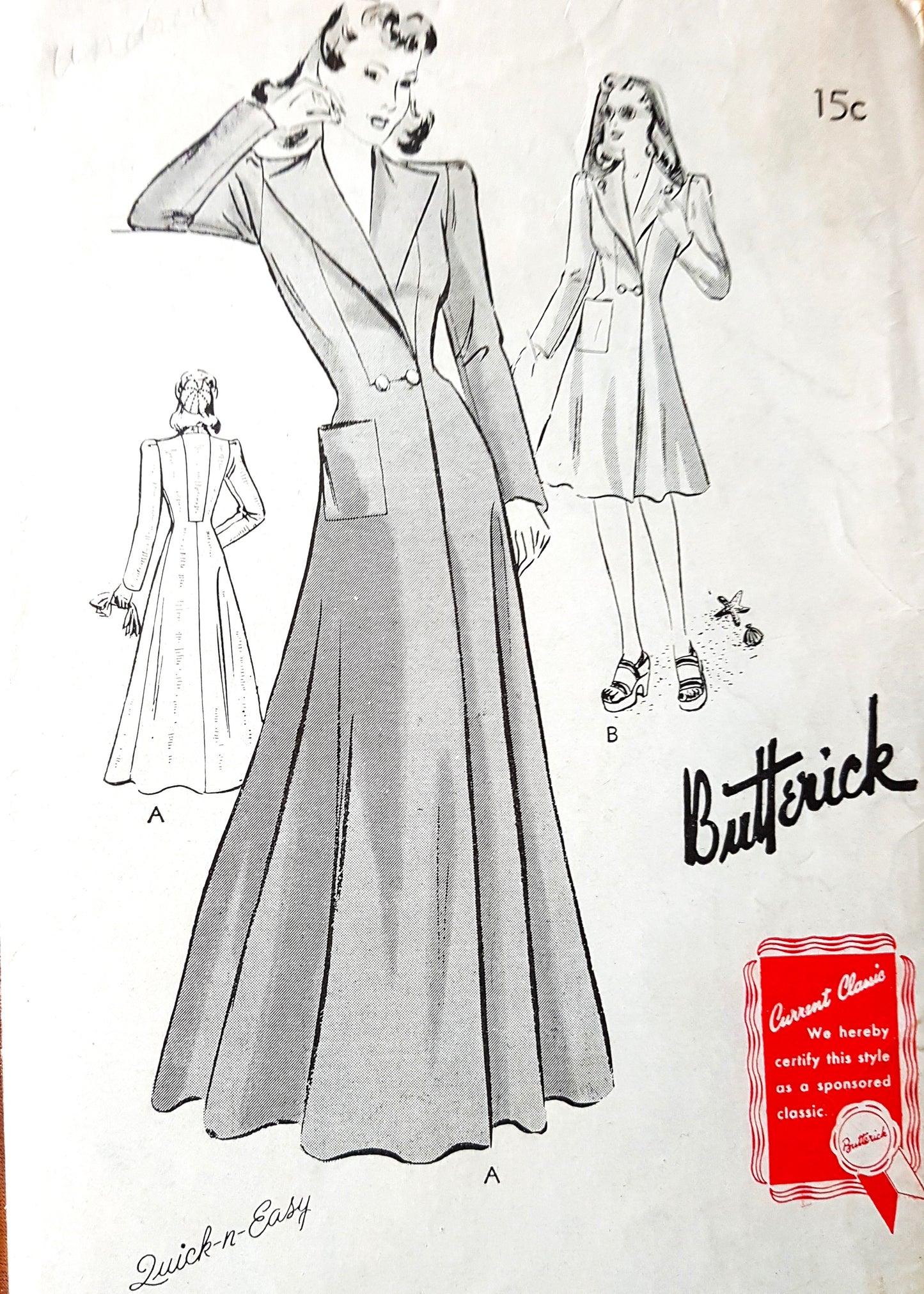 1940s ELEGANT Evening Coat, Housecoat or Beach Coat Pattern BUTTERICK 9340 Two Lengths Bust 32 Vintage Sewing Pattern FF