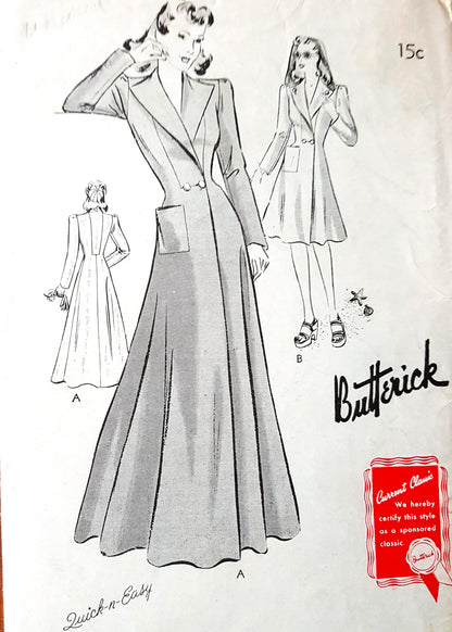 1940s ELEGANT Evening Coat, Housecoat or Beach Coat Pattern BUTTERICK 9340 Two Lengths Bust 32 Vintage Sewing Pattern FF