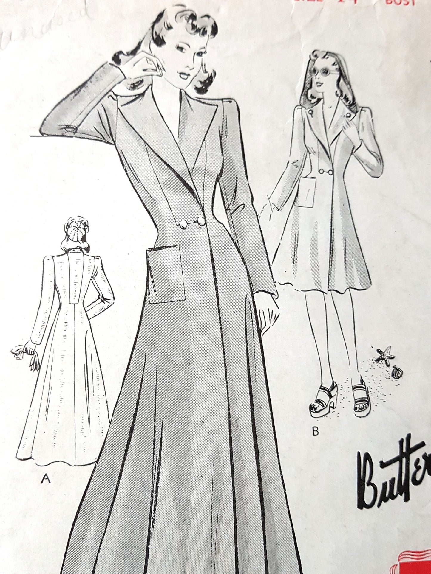 1940s ELEGANT Evening Coat, Housecoat or Beach Coat Pattern BUTTERICK 9340 Two Lengths Bust 32 Vintage Sewing Pattern FF