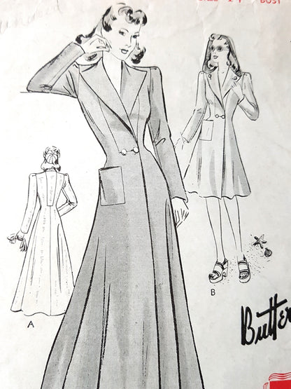 1940s ELEGANT Evening Coat, Housecoat or Beach Coat Pattern BUTTERICK 9340 Two Lengths Bust 32 Vintage Sewing Pattern FF