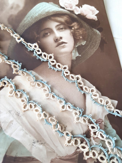 BEAUTIFUL Vintage Hand Tatted Lace Trim, Tiny Size, Cream and Blue Tatting Lace, Doll Size Tatting Trim,Fine Sewing Projects, Collectible Vintage Lace
