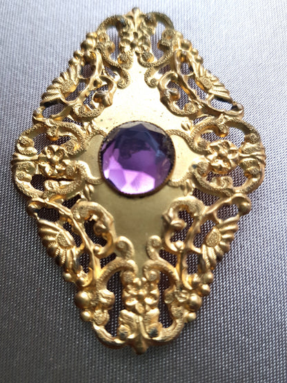 LOVELY Antique Buckle, Gilt Metal Filigree and Glass Amethyst Stone, Slide Belt Buckle, Heirloom Sewing, Collectible Vintage Dress Buckles