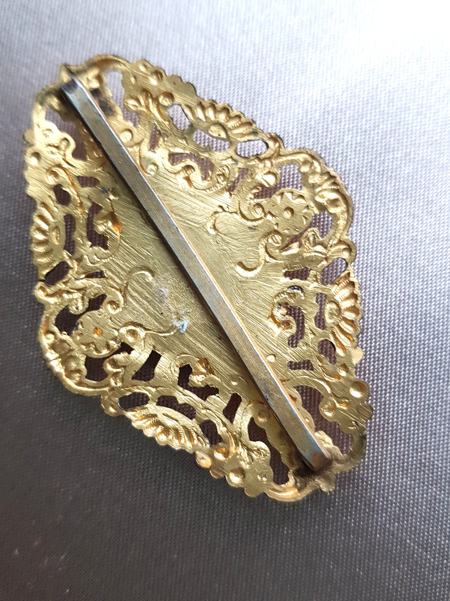 LOVELY Antique Buckle, Gilt Metal Filigree and Glass Amethyst Stone, Slide Belt Buckle, Heirloom Sewing, Collectible Vintage Dress Buckles
