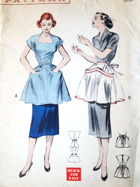 LOVELY 1950s Quick and Easy Apron Pattern BUTTERICK 6341 Two Pretty Styles Cobbler's or Tea Hostess Apron Size Small Vintage Sewing Pattern