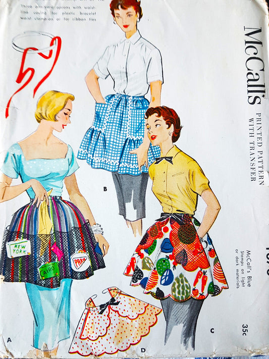 1950s CUTE Set of  One Yard Half Aprons Pattern McCALL's 1878 Four Pretty Styles, One Size Vintage Sewing Pattern FACTORY FOLDED
