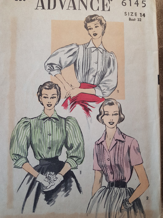 1950s PRETTY Gibson Girl Style Set of Blouses Pattern ADVANCE 6145 Pin Tucks,Double or Convertible Collar, Puff Sleeve Versions Bust 32 Vintage Sewing Pattern FF