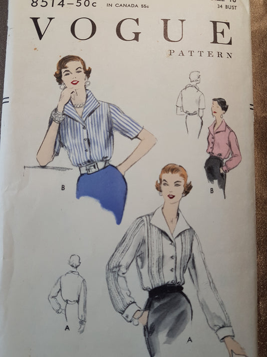 1950s FABULOUS Blouse Pattern VOGUE 8514 Two Styles ,Stunning Pintucks Version, Bust 34 Vintage Sewing Pattern FF