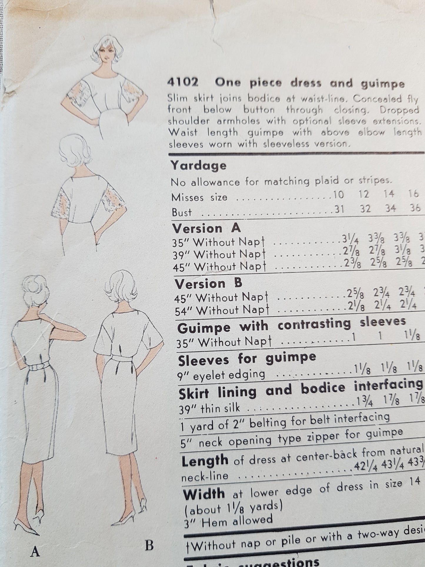 1960 STYLISH Day or Cocktail Party Dress and Guimpe Pattern VOGUE Special Design 4102 Three Style Versions, Bust 31 Vintage Sewing Pattern