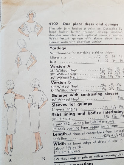 1960 STYLISH Day or Cocktail Party Dress and Guimpe Pattern VOGUE Special Design 4102 Three Style Versions, Bust 31 Vintage Sewing Pattern