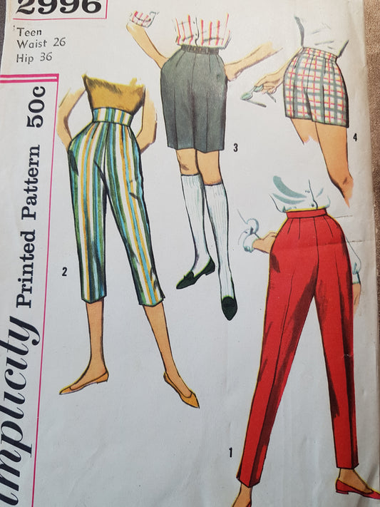 1950s FAB Set of Shorts and Pants Pattern SIMPLICITY 2996 High Waist Shorts,Walking Shorts,Capri or Slim Pants,Waist 26 Vintage Sewing Pattern