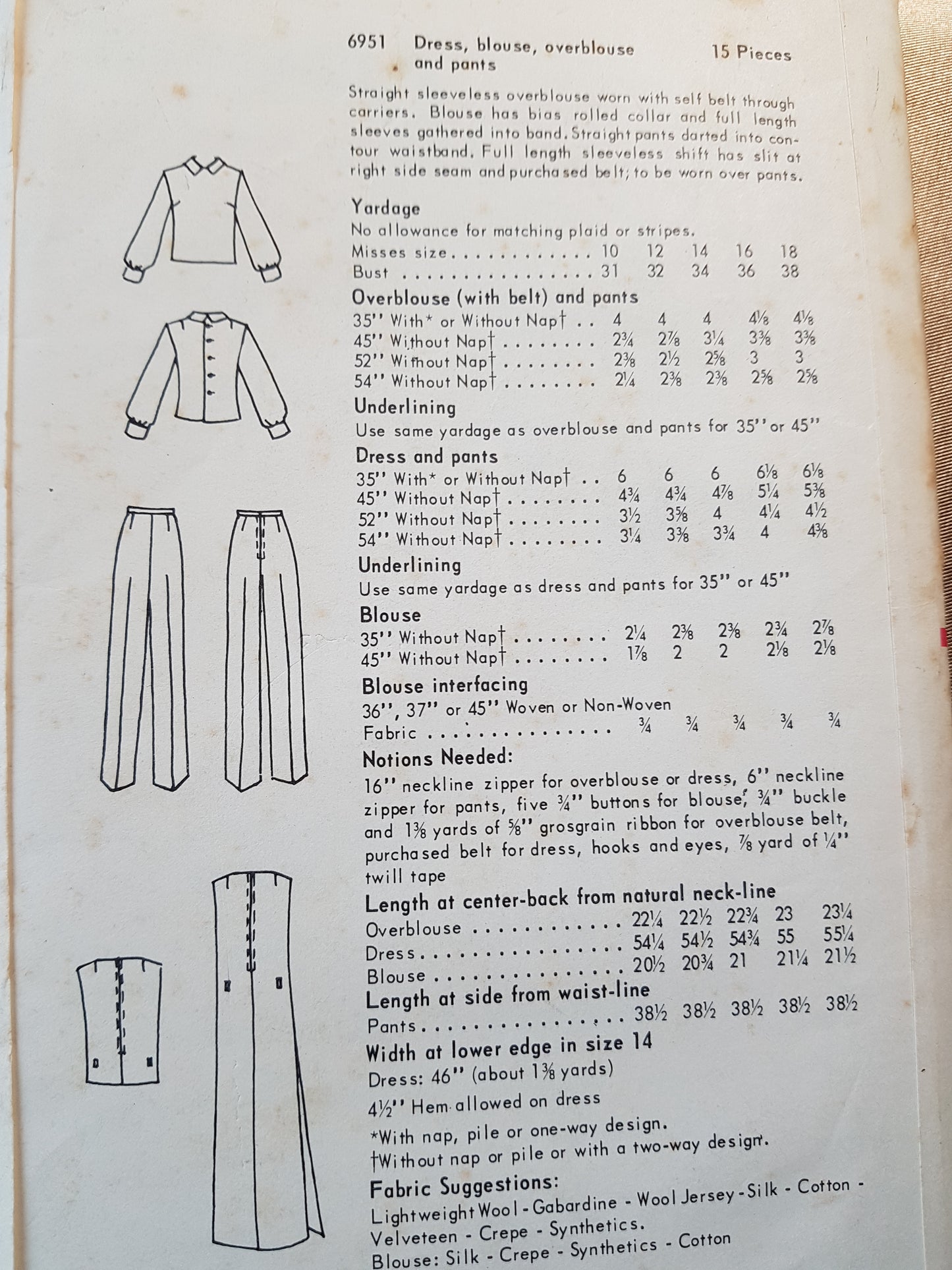 1960s FABULOUS Dress, Blouse, Overblouse and Slim Pants Pattern VOGUE 6951 Daytime or Evening, Bust 31 Vintage Sewing Pattern FF