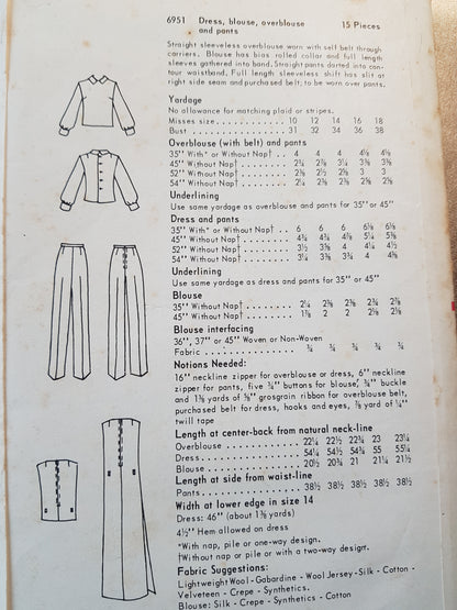 1960s FABULOUS Dress, Blouse, Overblouse and Slim Pants Pattern VOGUE 6951 Daytime or Evening, Bust 31 Vintage Sewing Pattern FF