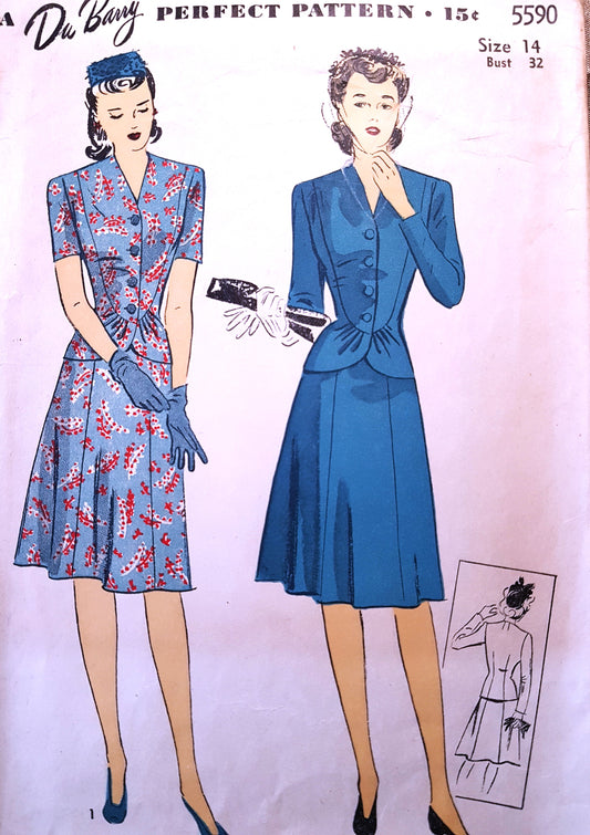 1940s FABULOUS 2 Pc Dress Pattern DuBARRY 5590 Figure Flattering Design Bust 32 Vintage Sewing Pattern