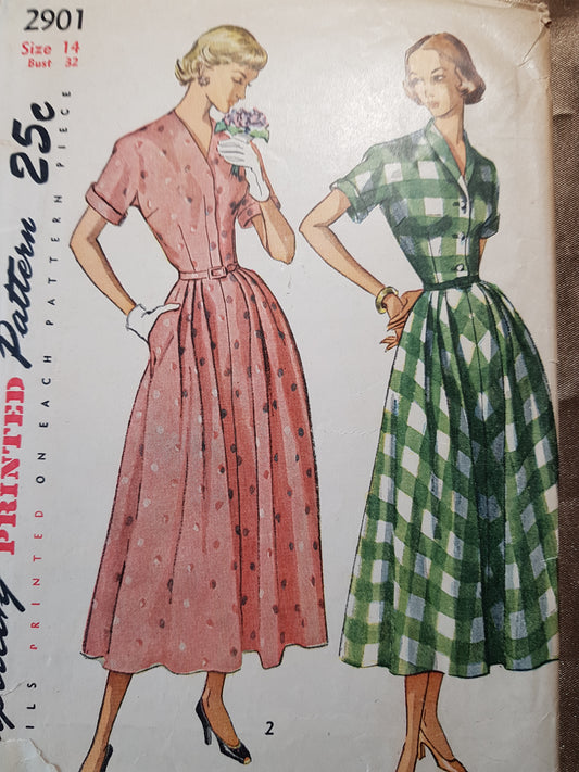 Late 1940s PRETTY Dress Pattern SIMPLICITY 2901 Two Lovely Versions Bust 32 Vintage Sewing Pattern
