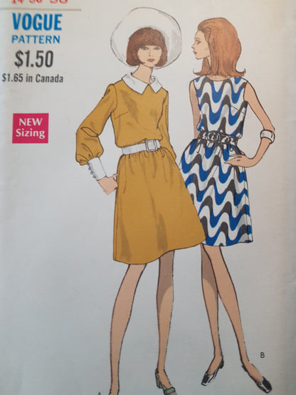 MOD 1960s Blouson Bodice Dress Pattern VOGUE 7488 Two Versions, Lovely Wide Cuffs Version,Button Back Dress, Bust 36 Vintage Sewing Pattern FF
