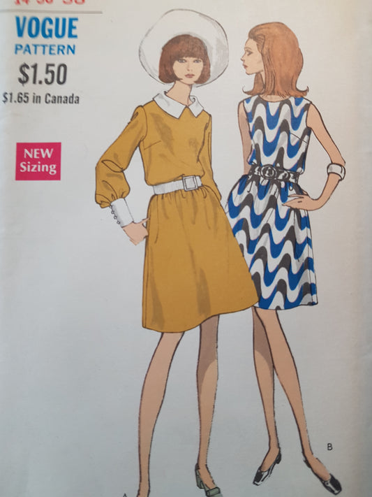 MOD 1960s Blouson Bodice Dress Pattern VOGUE 7488 Two Versions, Lovely Wide Cuffs Version,Button Back Dress, Bust 36 Vintage Sewing Pattern FF