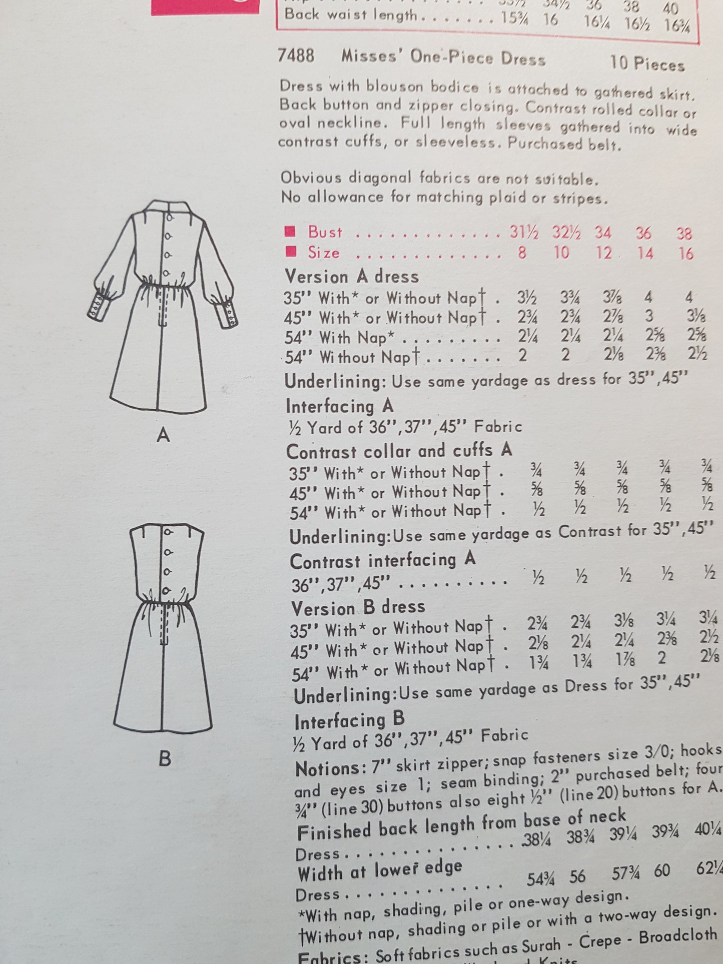MOD 1960s Blouson Bodice Dress Pattern VOGUE 7488 Two Versions, Lovely Wide Cuffs Version,Button Back Dress, Bust 36 Vintage Sewing Pattern FF