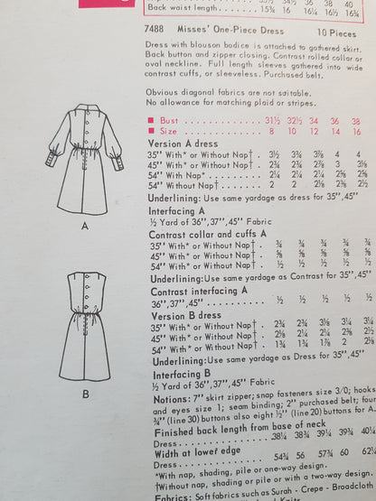 MOD 1960s Blouson Bodice Dress Pattern VOGUE 7488 Two Versions, Lovely Wide Cuffs Version,Button Back Dress, Bust 36 Vintage Sewing Pattern FF