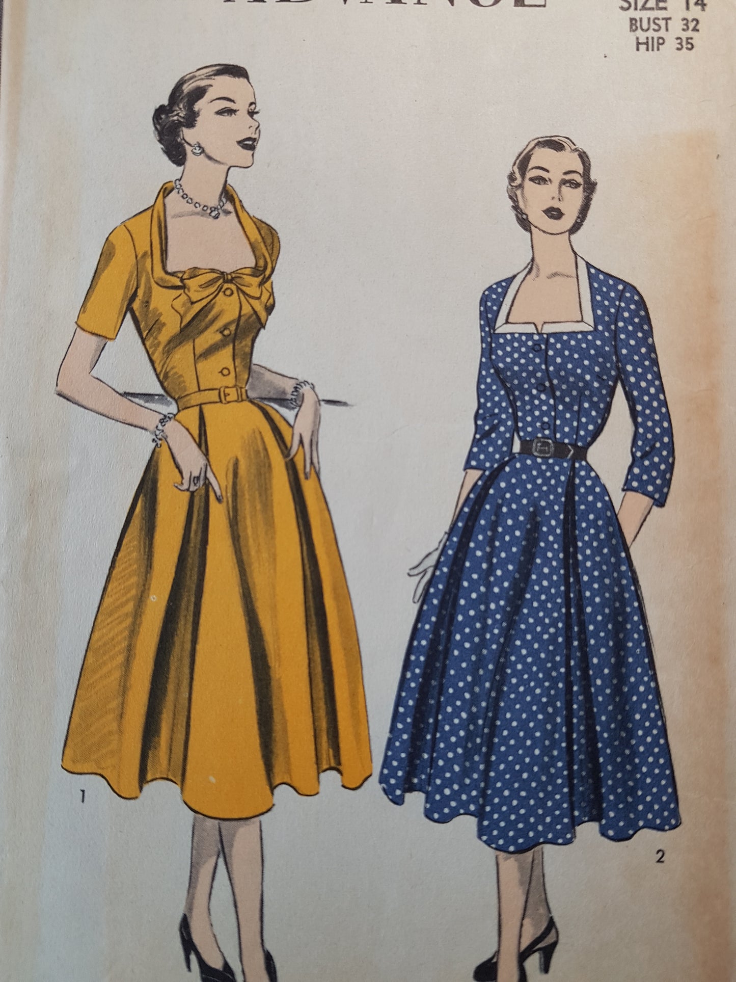 1950s BEAUTIFUL Day or Party Dress Pattern ADVANCE 6400 Lovely Keyhole Shape Neckline, 2 Versions, Bust 32 Vintage Sewing Pattern FF