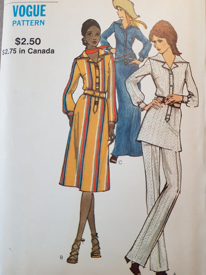 1970s FABULOUS Dress,Top and Pants Pattern VOGUE 8070 Loose Fitting Slim Shirt Dress,Straight Legged Pants, Bust 36 Vintage Sewing Patterns