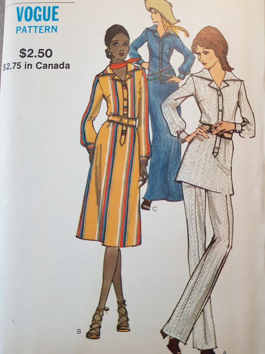 1970s FABULOUS Dress,Top and Pants Pattern VOGUE 8070 Loose Fitting Slim Shirt Dress,Straight Legged Pants, Bust 36 Vintage Sewing Patterns