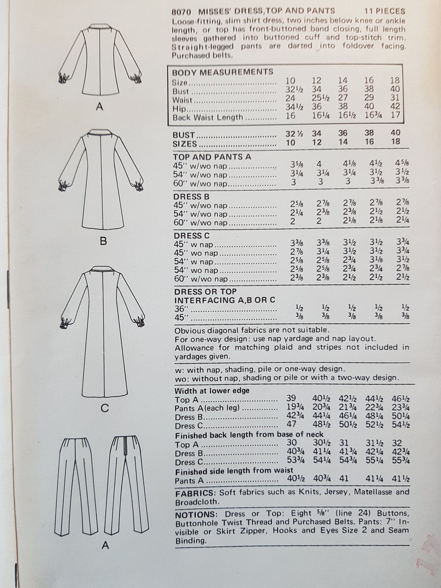 1970s FABULOUS Dress,Top and Pants Pattern VOGUE 8070 Loose Fitting Slim Shirt Dress,Straight Legged Pants, Bust 36 Vintage Sewing Patterns