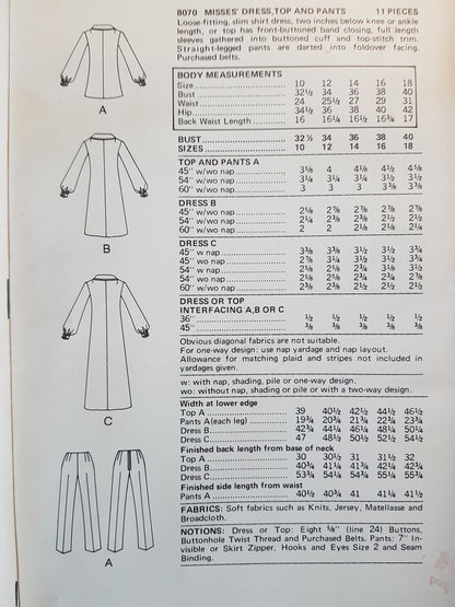 1970s FABULOUS Dress,Top and Pants Pattern VOGUE 8070 Loose Fitting Slim Shirt Dress,Straight Legged Pants, Bust 36 Vintage Sewing Patterns