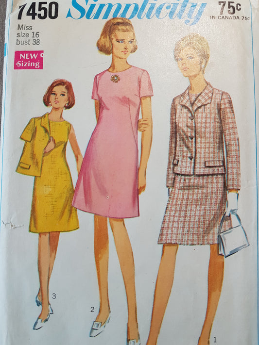 1960s MOD Dress and Jacket Pattern SIMPLICITY 7450 Classy A Line Dress Fitted Blazer Jacket Bust 38 Vintage Sewing Pattern FF