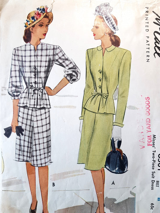 1940s STYLISH 2 Pc Suit Dress Pattern McCALL 6501 Two Sleeve Styles Bust 32 Vintage Sewing Pattern