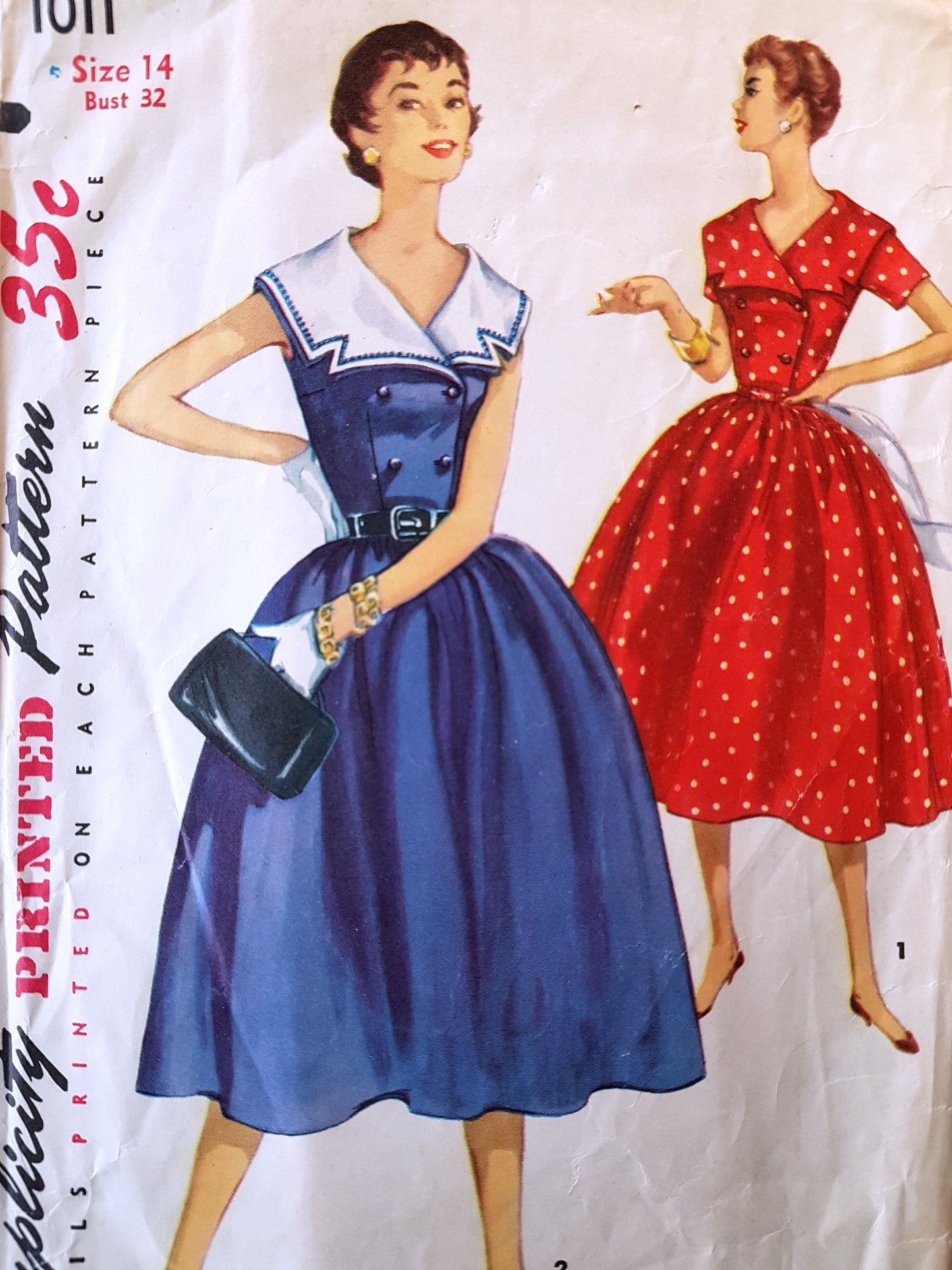 1950s LOVELY Dress Pattern SIMPLICITY 10111 Detachable Wide Collar Full Skirted Dress Bust 32 Vintage Sewing Pattern