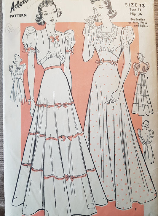 Late 1930s BEAUTIFUL Evening Party Gown and Bolero Pattern ADVANCE 2127 Two Romantic Style Versions Bust 31 Vintage Sewing Pattern