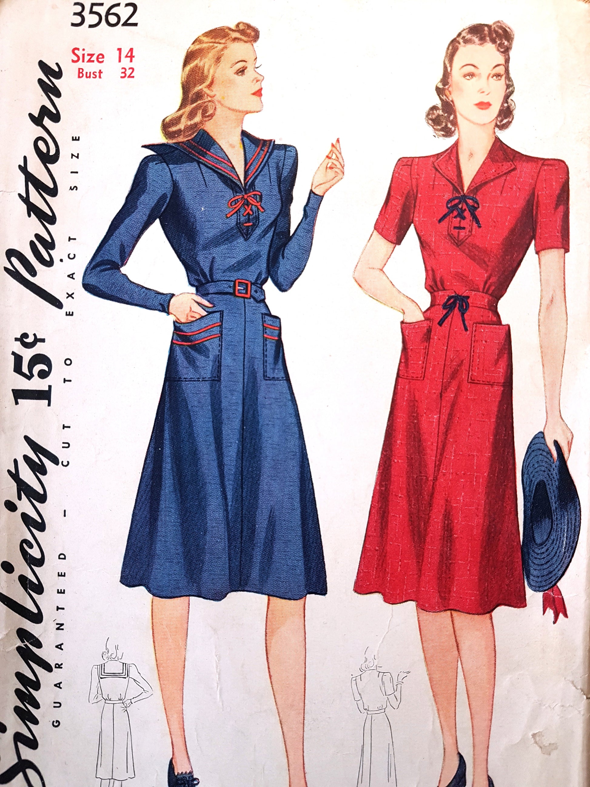 1940s FABULOUS Sailor Collar Dress Pattern SIMPLICITY 3562 Lace Up Bodice Bust 32 Vintage Sewing Pattern