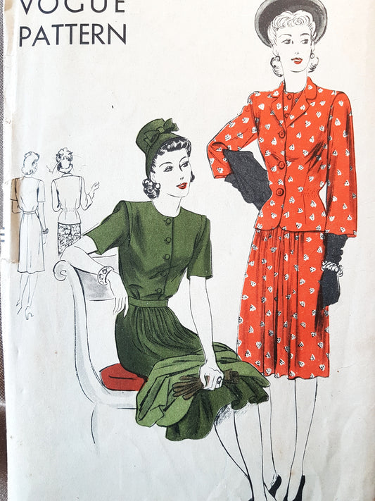 1940s LOVELY Dress and Fitted Jacket Pattern VOGUE 9265 Day or After 5, Bust 36 Vintage Sewing Pattern