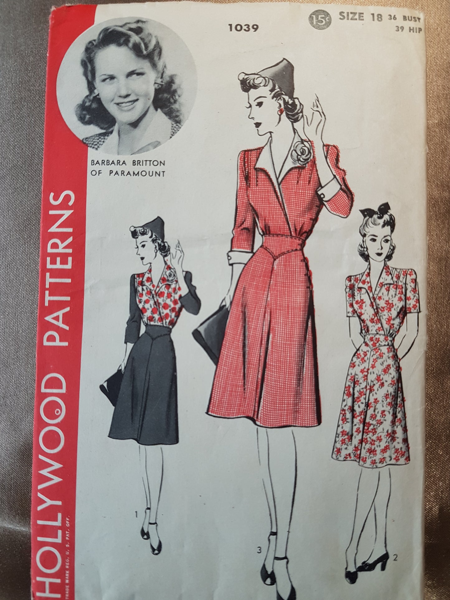 1940s FABULOUS Surplice Bodice Dress Pattern HOLLYWOOD 1039 Figure Flattering Dress,Featuring Paramount Starlet Barbara Britton, Bust 36 Vintage Sewing Pattern
