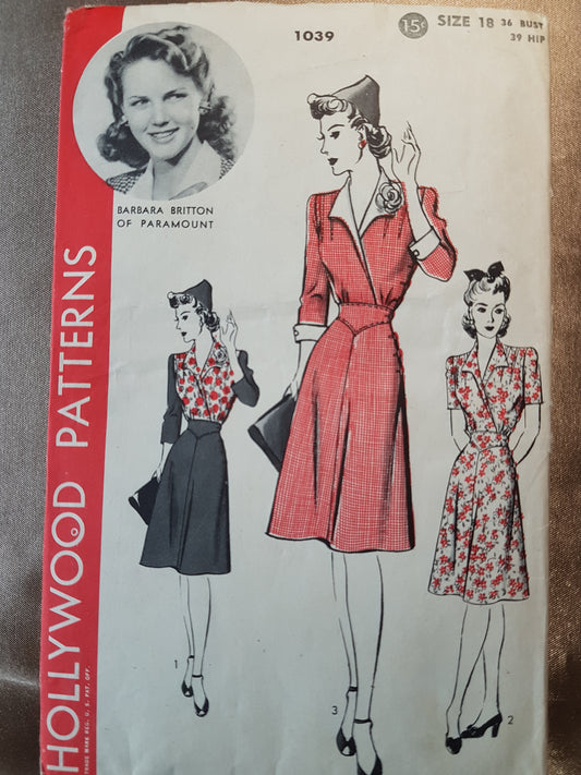 1940s FABULOUS Surplice Bodice Dress Pattern HOLLYWOOD 1039 Figure Flattering Dress,Featuring Paramount Starlet Barbara Britton, Bust 36 Vintage Sewing Pattern