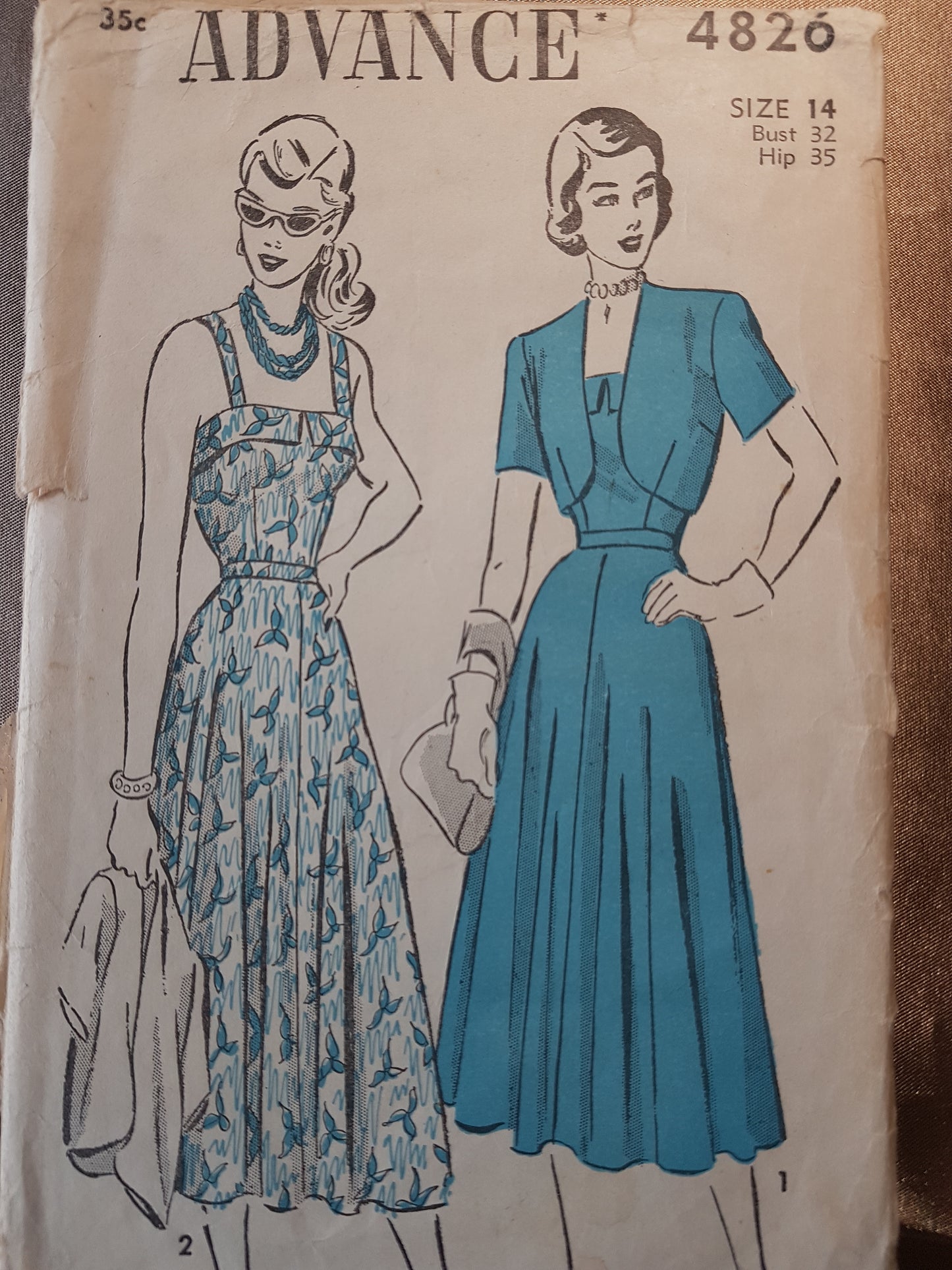1940s LOVELY Sun or Dinner Dress and Bolero Jacket Pattern ADVANCE 4826  Strappy Sunback Figure Flattering Design Bust 32 Vintage Sewing Pattern