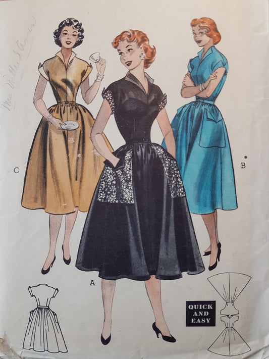 1950s CUTE Wing Collar Big Pockets Dress Pattern BUTTERICK 6820 Three Pretty Versions, Bust  32 Quick  and Easy Vintage Sewing Pattern