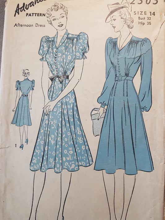 Late 1930s LOVELY Dress Pattern ADVANCE 2305 Beautiful Design, Puff Sleeve Version, Bust 32 Vintage Sewing Pattern