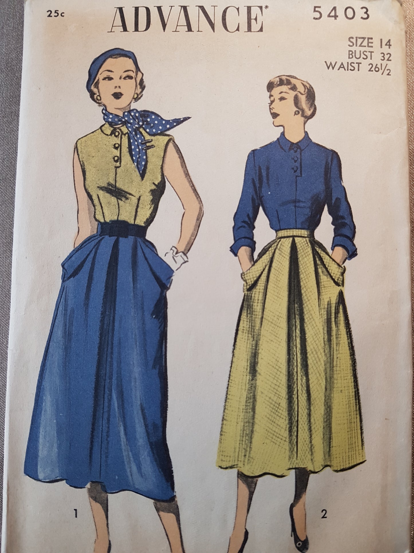 1950s WONDERFUL Blouse with Contrasting Skirt Pattern ADVANCE 5403 Blouse Sleeveless or Long sleeved , Lovely Skirt Design, Bust 32 Vintage Sewing Pattern