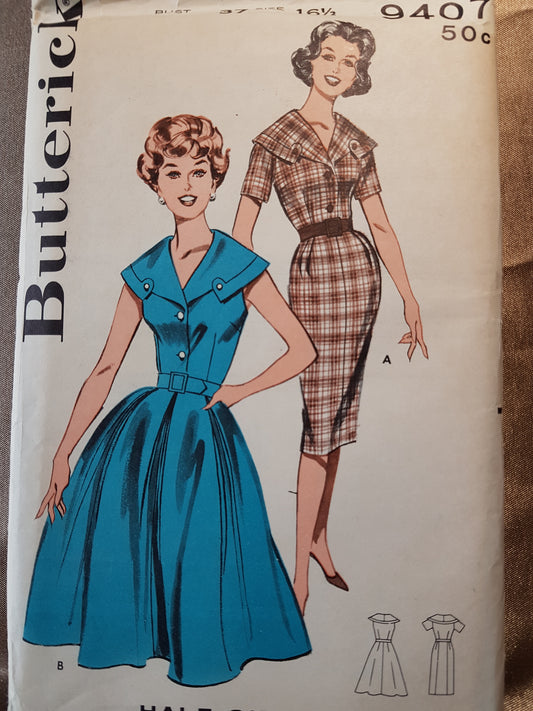 Early 1960s LOVELY Slim or Full Skirt Dress Pattern BUTTERICK 9407 Beautiful Cape Collar Dress Bust 37 Vintage Sewing Pattern FF