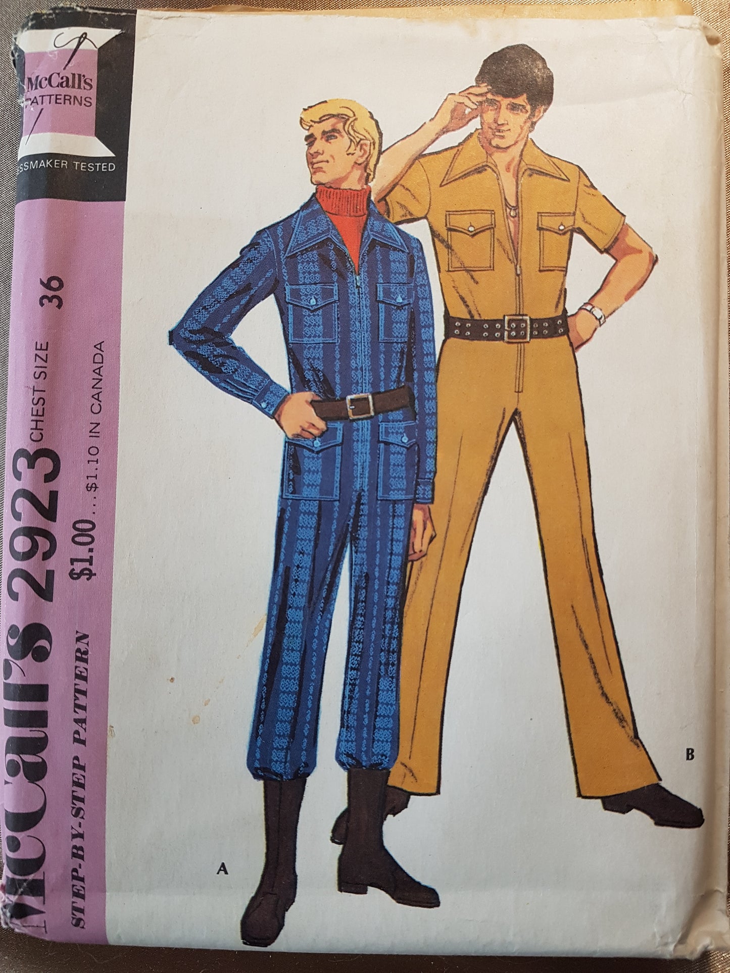 1970s RETRO Men's Jumpsuit Pattern McCALLS 2923 Collared Front Zip Jumpsuit Safari Style Adult Proportioned, Chest 36 Vintage Sewing Pattern FF