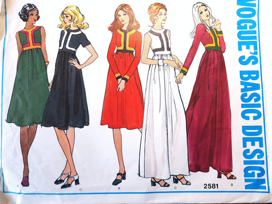 1970s BEAUTIFUL High Waist Dress Pattern VOGUE 2581 Day or Evening Maxi Lengths Bust 32 Vintage Sewing Pattern