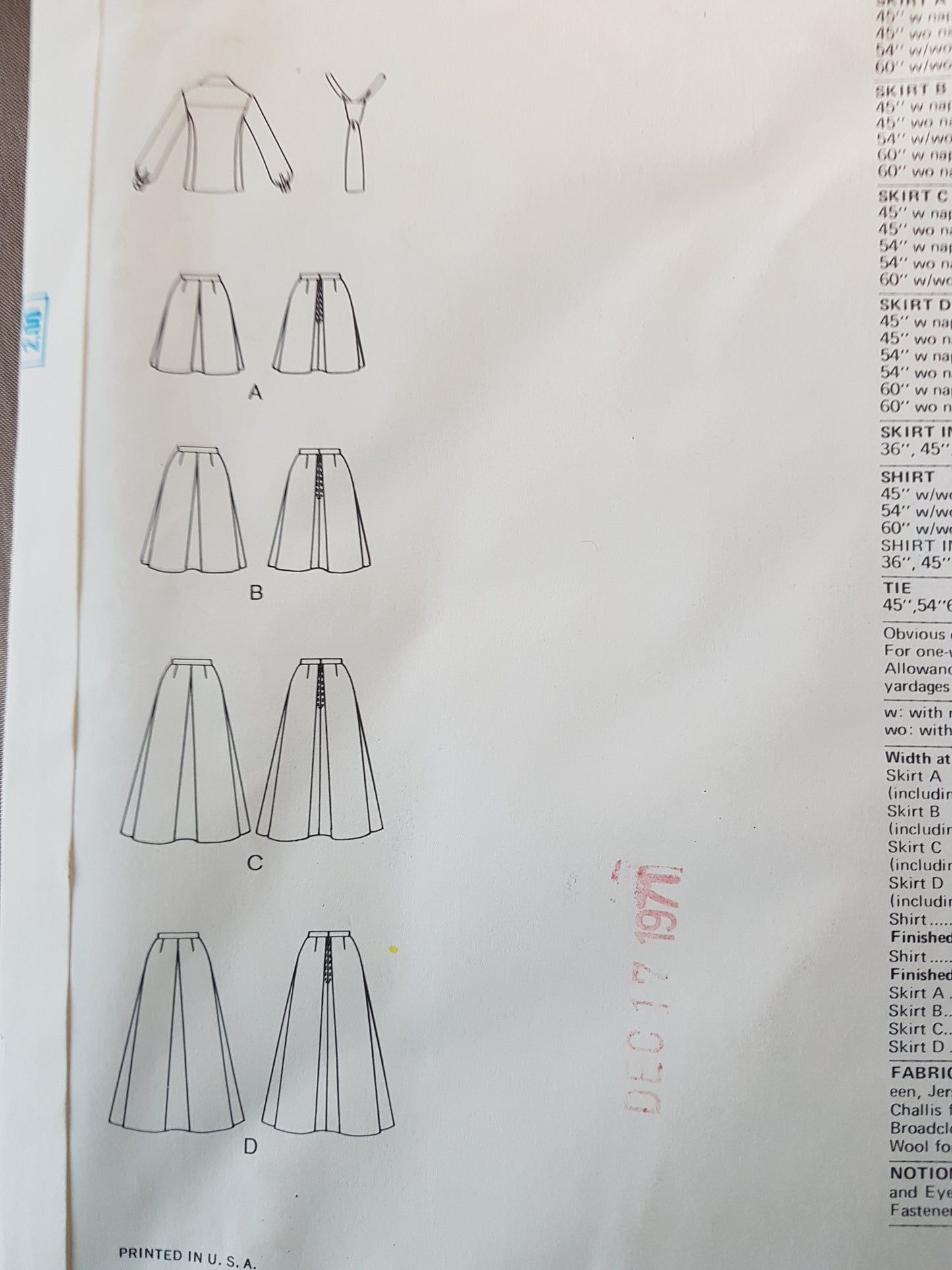 1970s FABULOUS Skirt, Shirt and Tie Pattern VOGUE 2634 ALine Skirt in Four Lengths Bust 40 Vintage Sewing Pattern FF