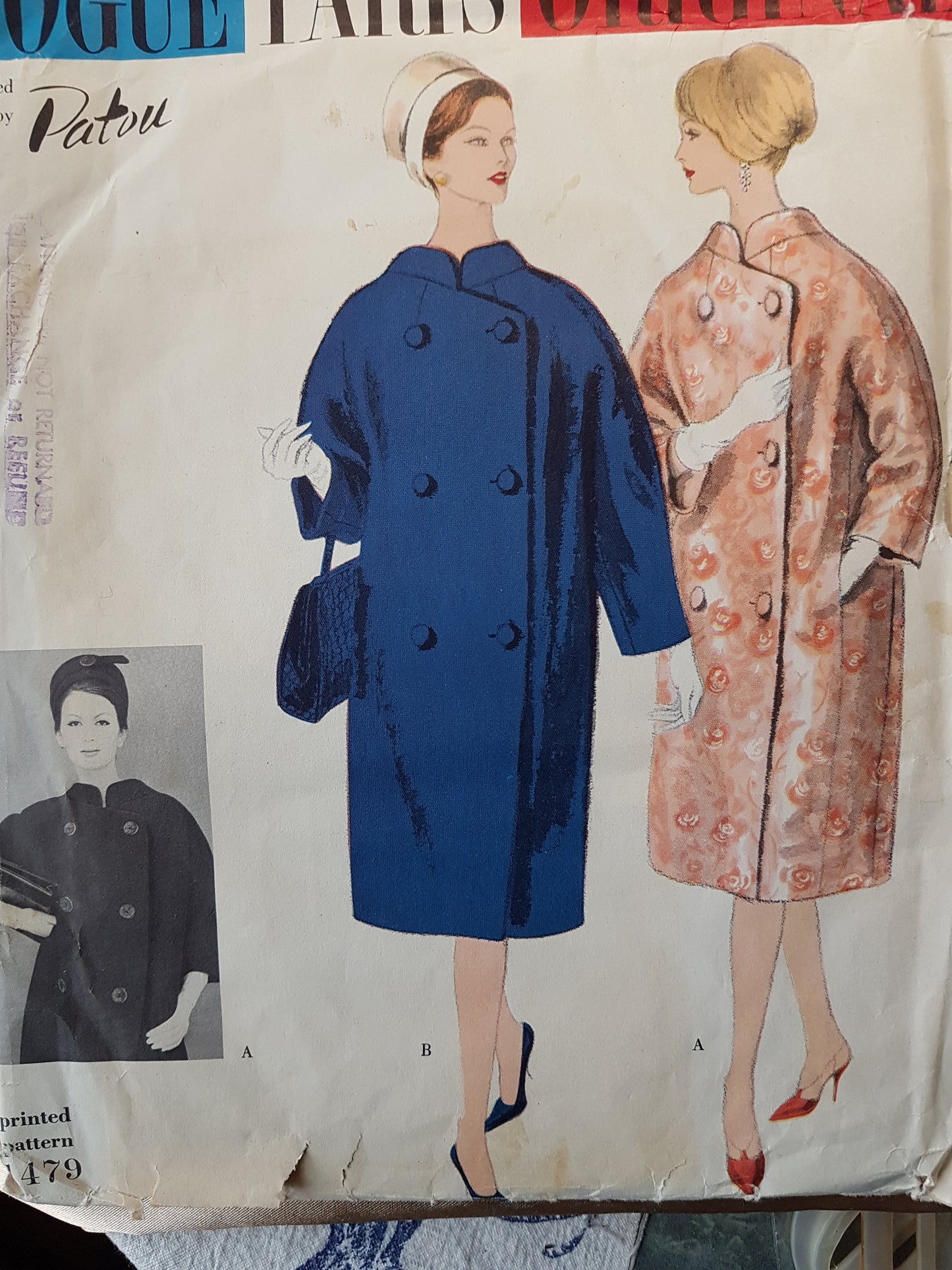CHIC Early 1960s PATOU Bulky Coat Pattern VOGUE Paris Original 1479 Double Breasted Coat Bust 34 Vintage Sewing Pattern FF + Label