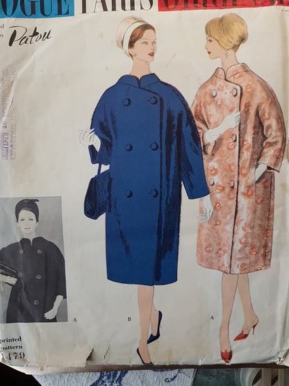 CHIC Early 1960s PATOU Bulky Coat Pattern VOGUE Paris Original 1479 Double Breasted Coat Bust 34 Vintage Sewing Pattern FF + Label