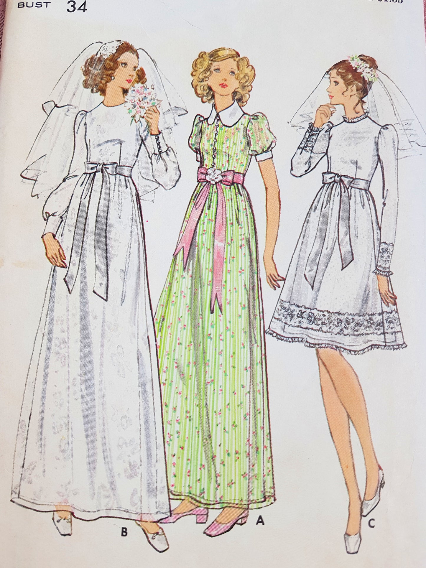 1970s BEAUTIFUL Bridal Dress Pattern BUTTERICK 6669 High Waist, Mid Knee or Evening Length, 3 Style Versions Bust 34 Vintage Sewing Pattern