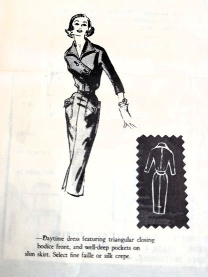 1950s UNIQUE Slim Dress Pattern Austin La Mar 151, Triangular Closing Bodice, Large Pockets, Bust 34 Vintage Fashion Sewing Pattern FF
