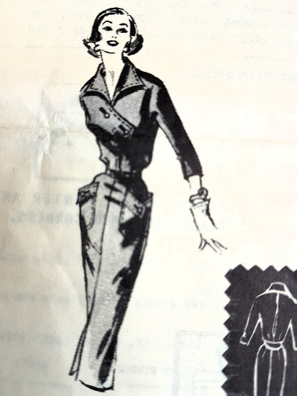 1950s UNIQUE Slim Dress Pattern Austin La Mar 151, Triangular Closing Bodice, Large Pockets, Bust 34 Vintage Fashion Sewing Pattern FF