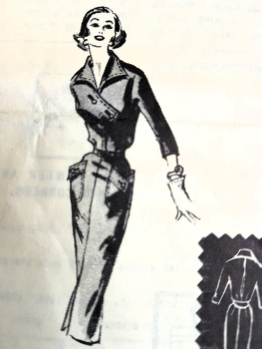 1950s UNIQUE Slim Dress Pattern Austin La Mar 151, Triangular Closing Bodice, Large Pockets, Bust 34 Vintage Fashion Sewing Pattern FF